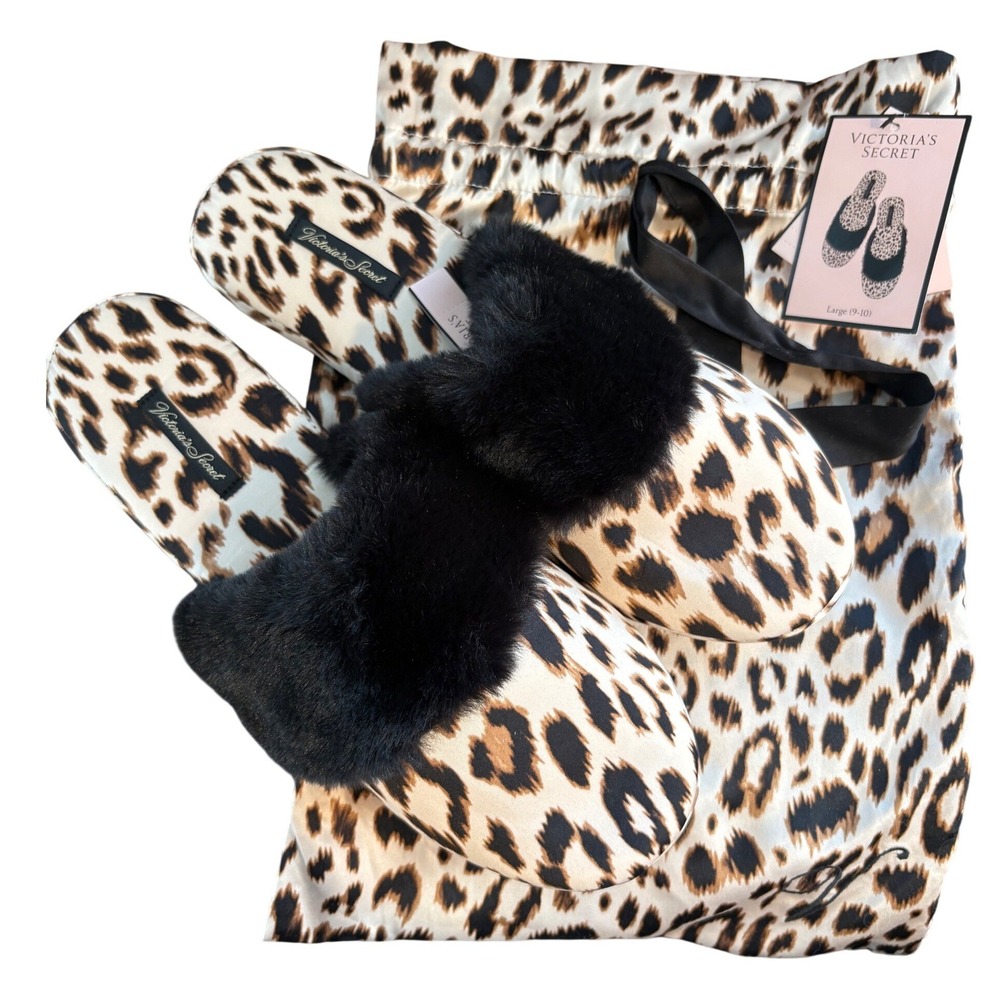 Victoria's Secret Slippers Women Large 9-10 Leopard Faux Fur Trim Satin with Bag
